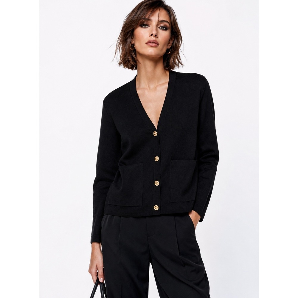 Maje‎ Black Knit V-Neck Cardigan Gold Clover Button Front Pocket Size 1